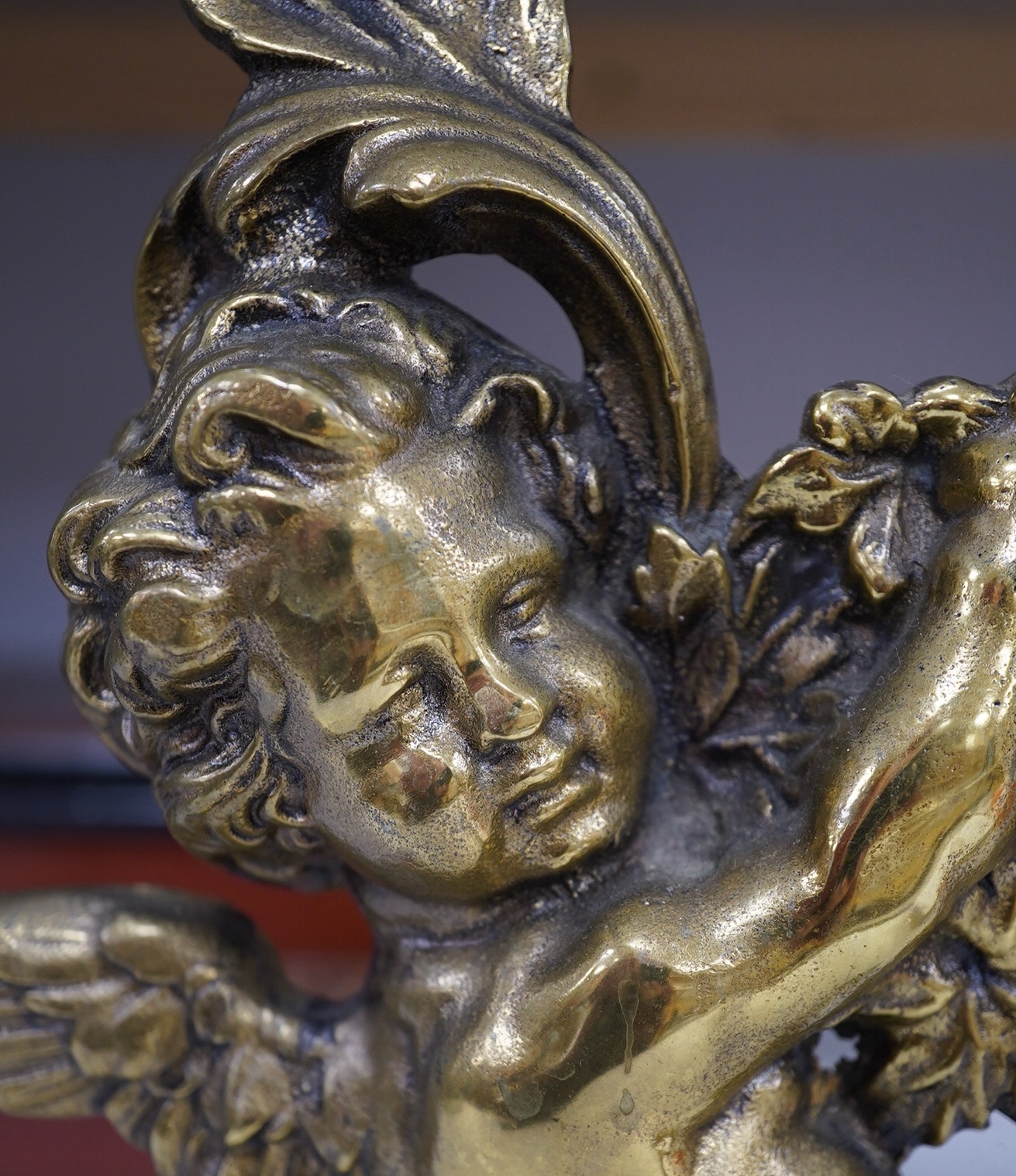 A Victorian style brass cherubic doorstop, 49cm high. Condition - some scratches to base.